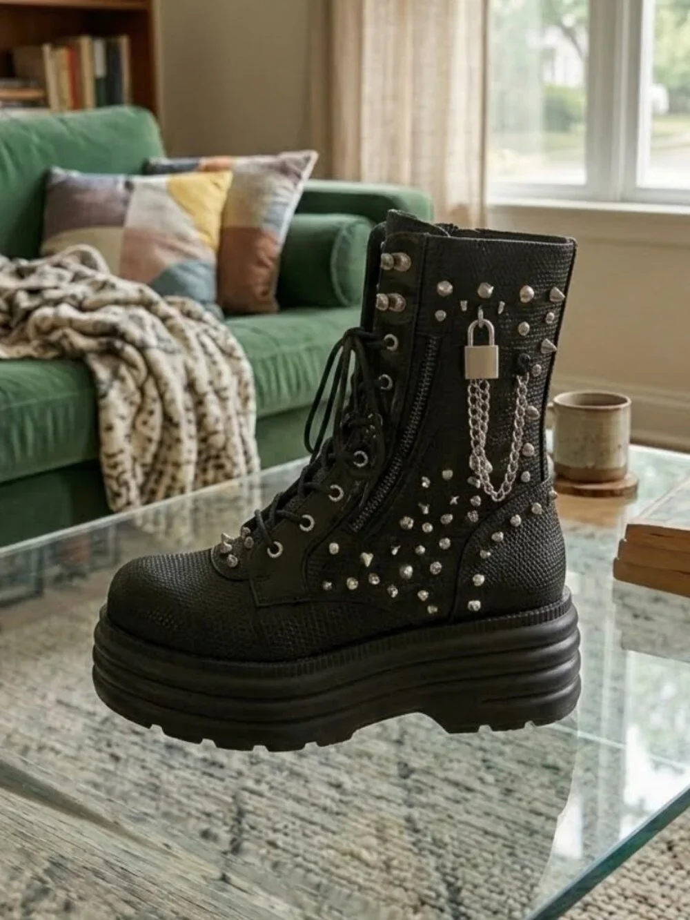 NIB Black Platform Goth Combat Boots Mesh Studded Punk Rave Ankle Booties